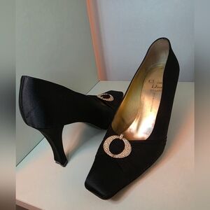 Christian Dior Black Satin Pumps Rhinestone Buckle Heels – Size 9 Made in France